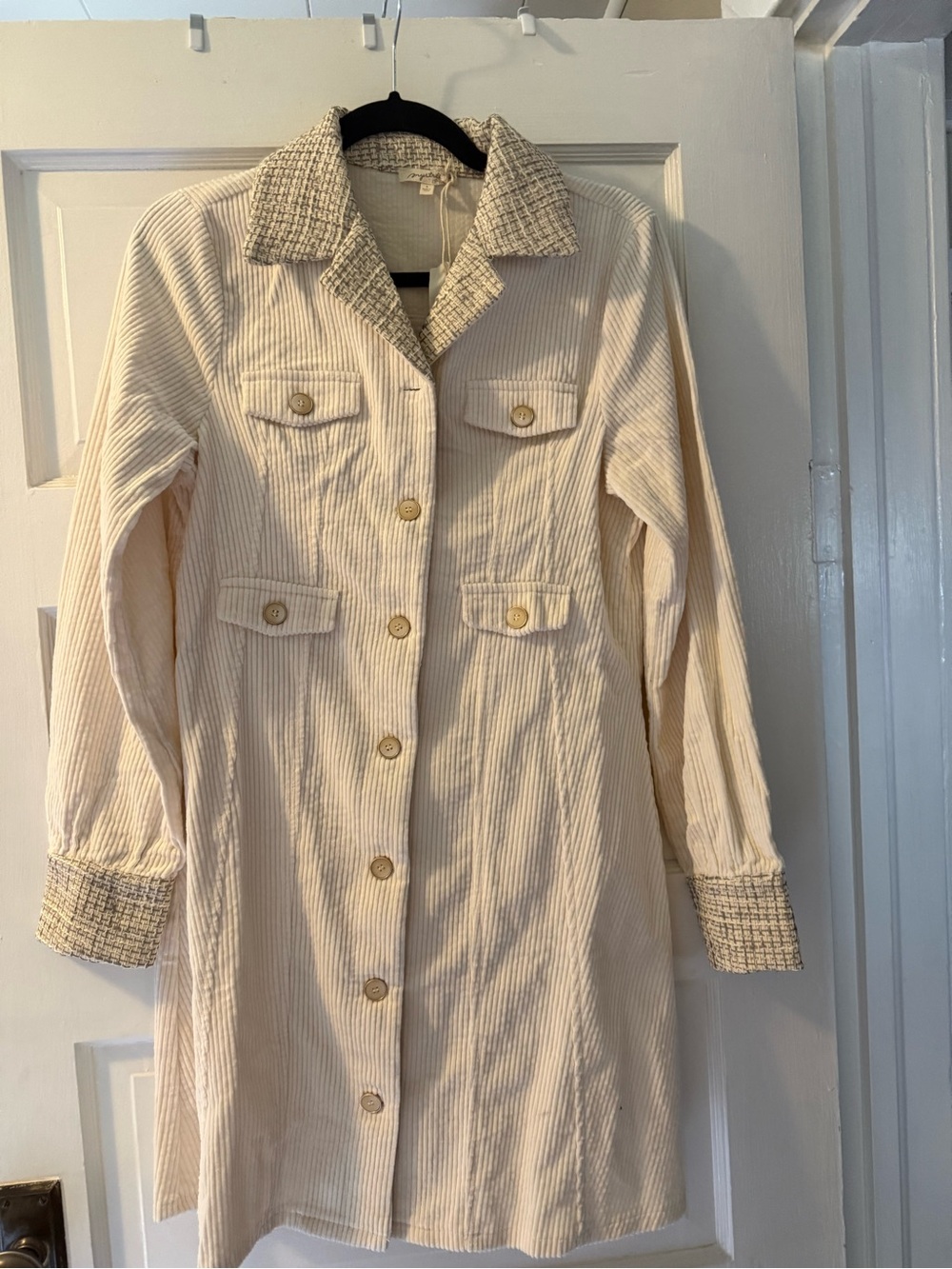 Mystree Cream Longline Trench Coat with Tweed Trim